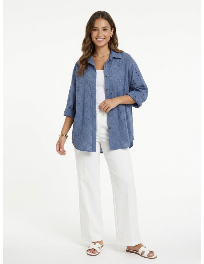 Chemise Bleue Broderie Fleurs Femme | Zerda Boutiques