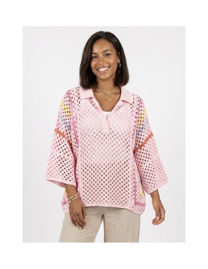 POLO ROSE EN CROCHET DÉTAILS COLORÉS - FEMME