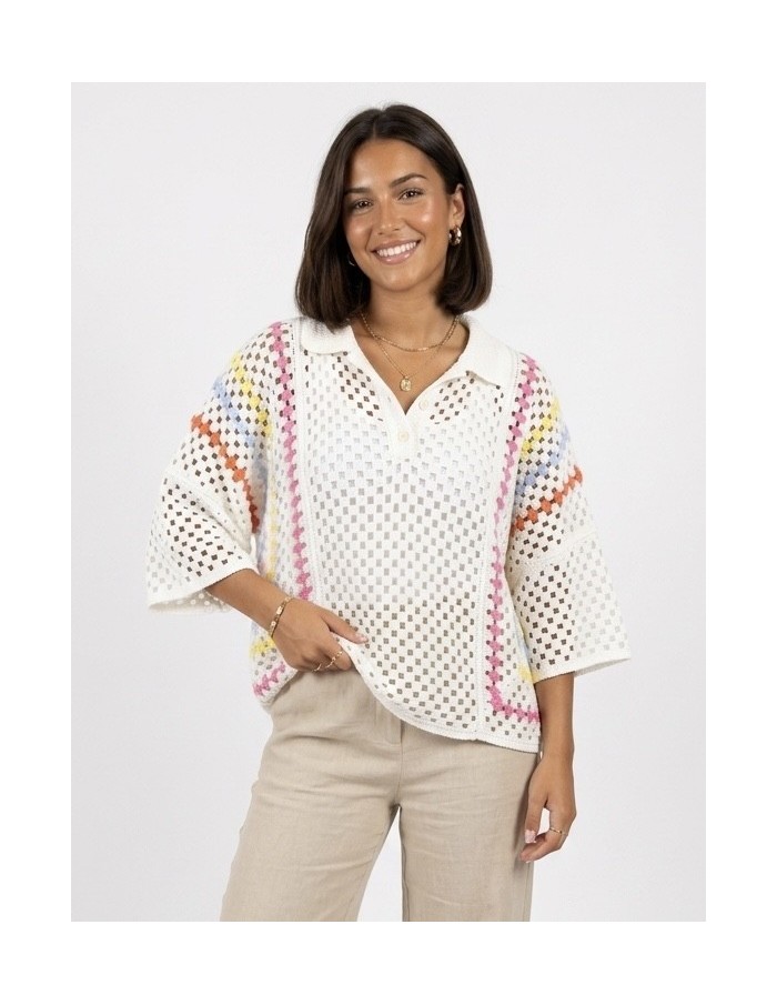 POLO BLANC EN CROCHET DÉTAILS COLORÉS - FEMME