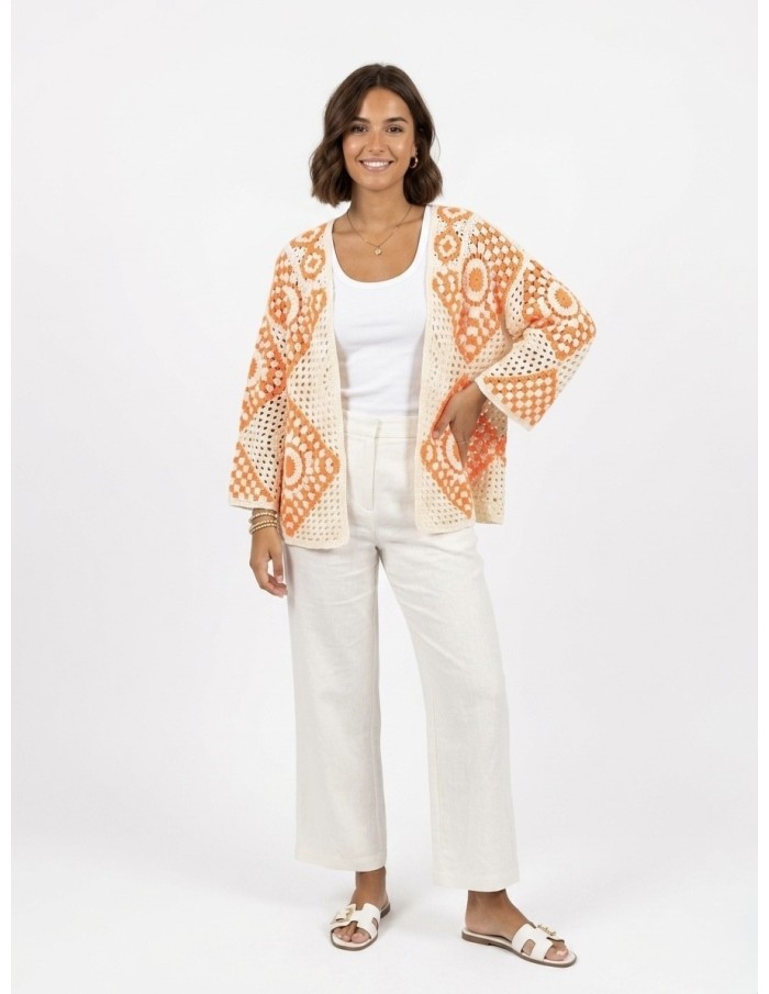 GILET ORANGE EN CROCHET & MOTIFS GÉOMÉTRIQUES - FEMME
