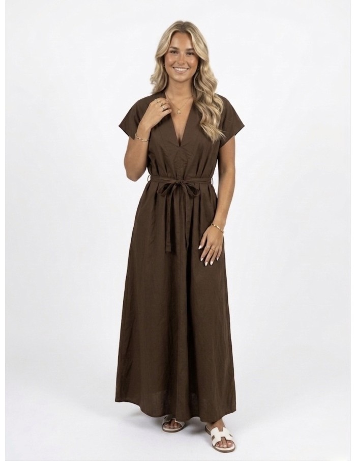 Robe Longue marron Col V Femme | Zerda Boutiques