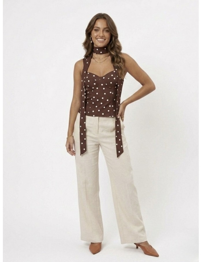 Top Bustier Marron à Pois Foulard Intégré Femme | Zerda Boutiques