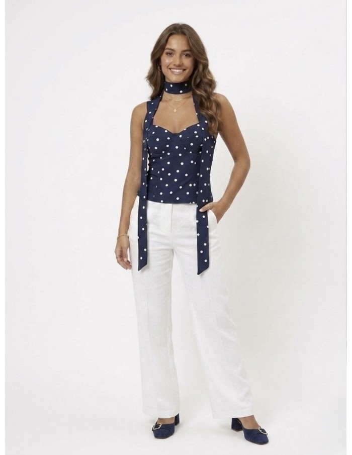 TOP BUSTIER BLEU MARINE A POIS & FOULARD INTÉGRÉE - FEMME