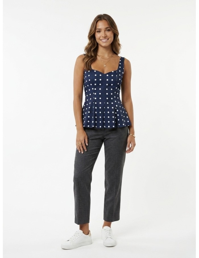TOP DÉBARDEUR BLEU MARINE À POIS COUPE AJUSTÉE - FEMME