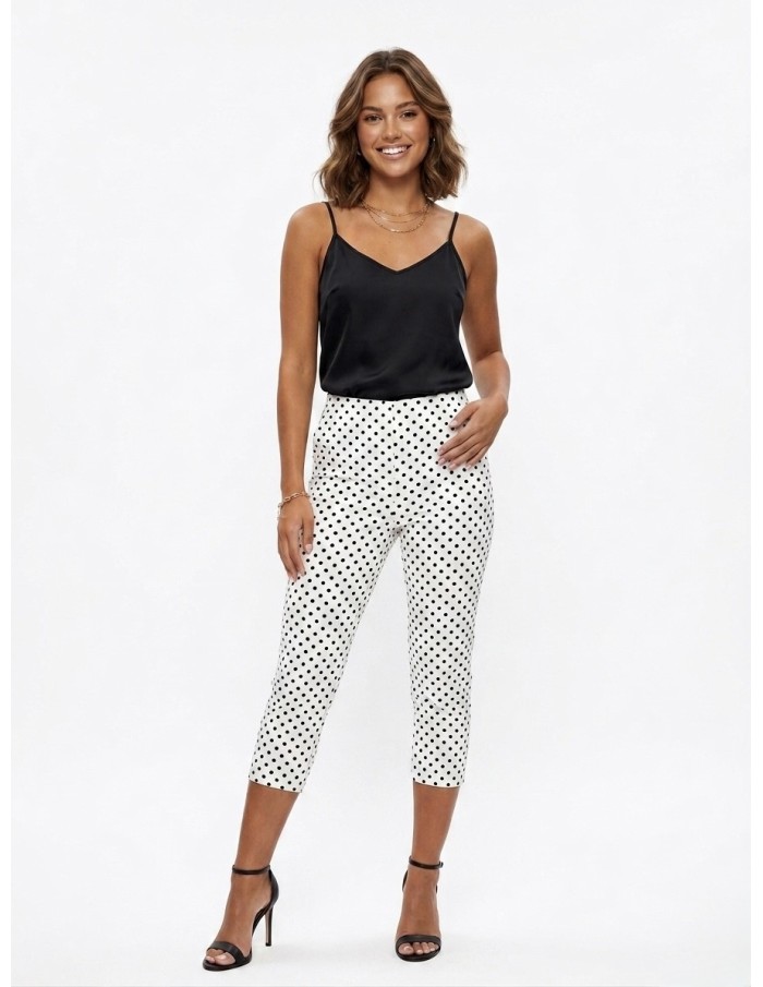Pantalon Capri Blanc Imprimé Pois Femme | Zerda Boutiques