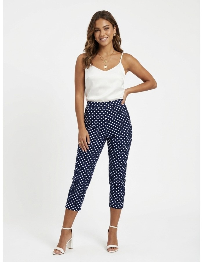 Pantalon Capri Bleu Marine Imprimé Pois Femme | Zerda Boutiques