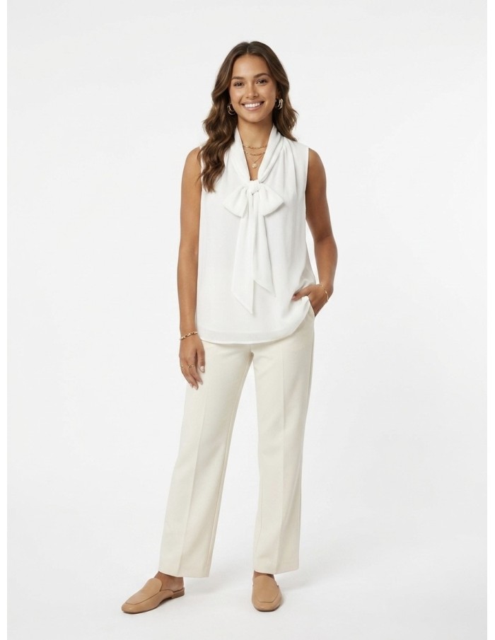 Chemise Fluide Blanche Sans Manches Col Nœud Femme | Zerda Boutiques
