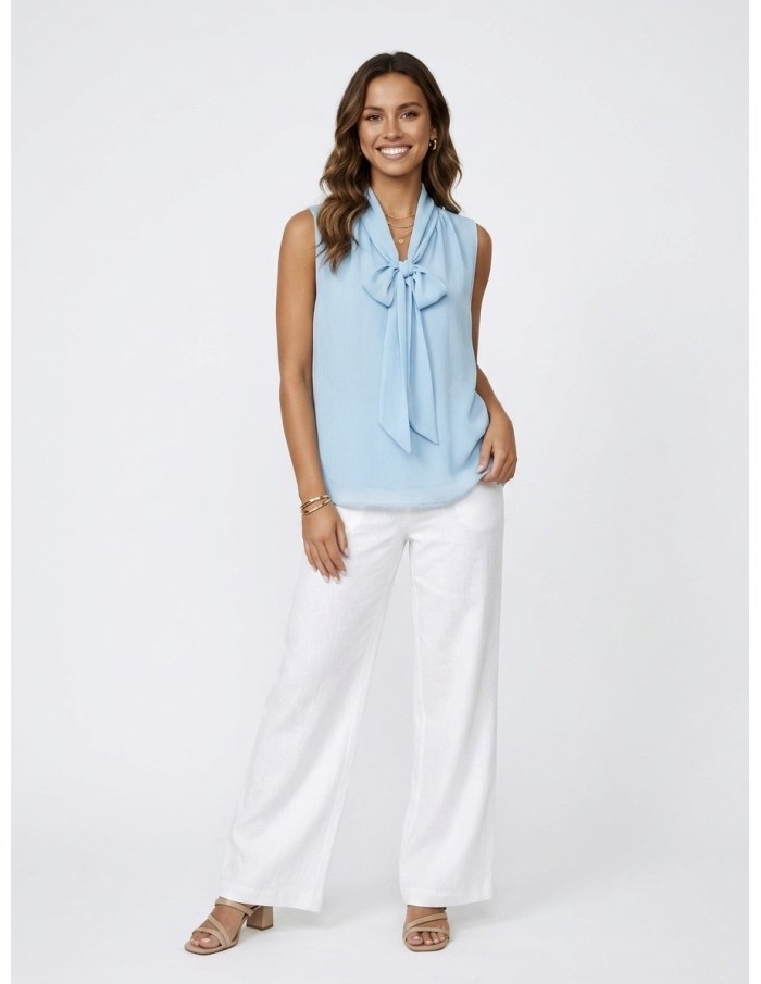 Chemise Fluide Bleu Sans Manches Col Nœud Femme | Zerda Boutiques