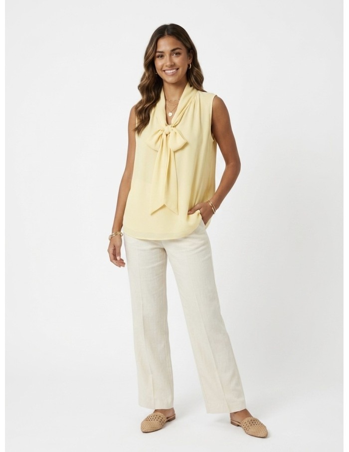 Chemise Fluide Jaune Sans Manches Col Nœud Femme | Zerda Boutiques