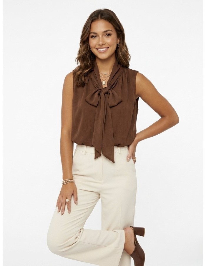 Chemise Fluide Marron Sans Manches Col Nœud Femme | Zerda Boutiques