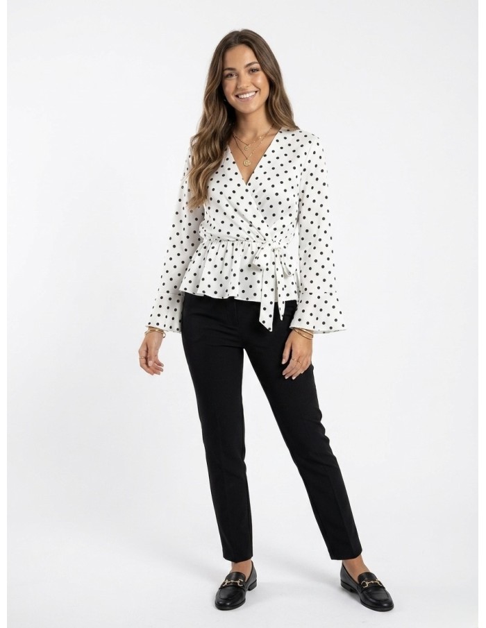 TOP CACHE-CŒUR BLANC À POIS MANCHES LONGUES - FEMME
