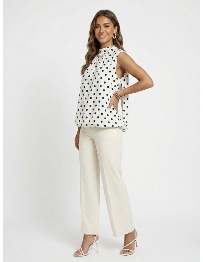 BLOUSE BLANCHE À POIS DOS NU NOEUD ARRIÈRE - FEMME