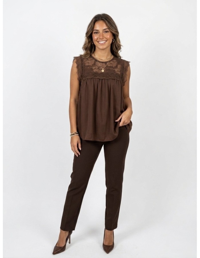 TOP DENTELLE MARRON CHOCOLAT FLUIDE & ÉLÉGANT - FEMME