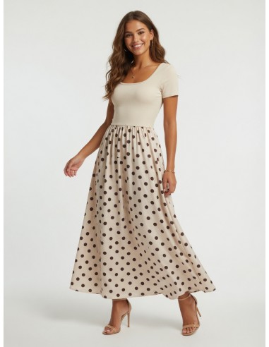 ROBE LONGUE BEIGE À POIS MANCHE...