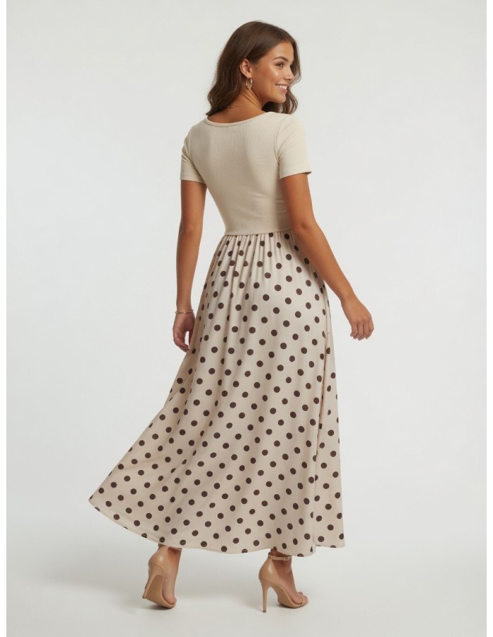 ROBE LONGUE BEIGE À POIS MANCHE COURTE - FEMME