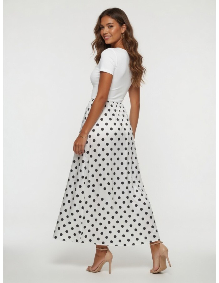 ROBE LONGUE BLANCHE À POIS MANCHE COURTE - FEMME