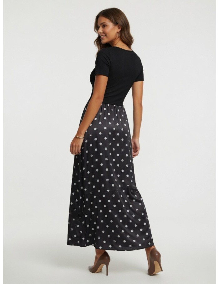 ROBE LONGUE NOIR À POIS MANCHE COURTE - FEMME