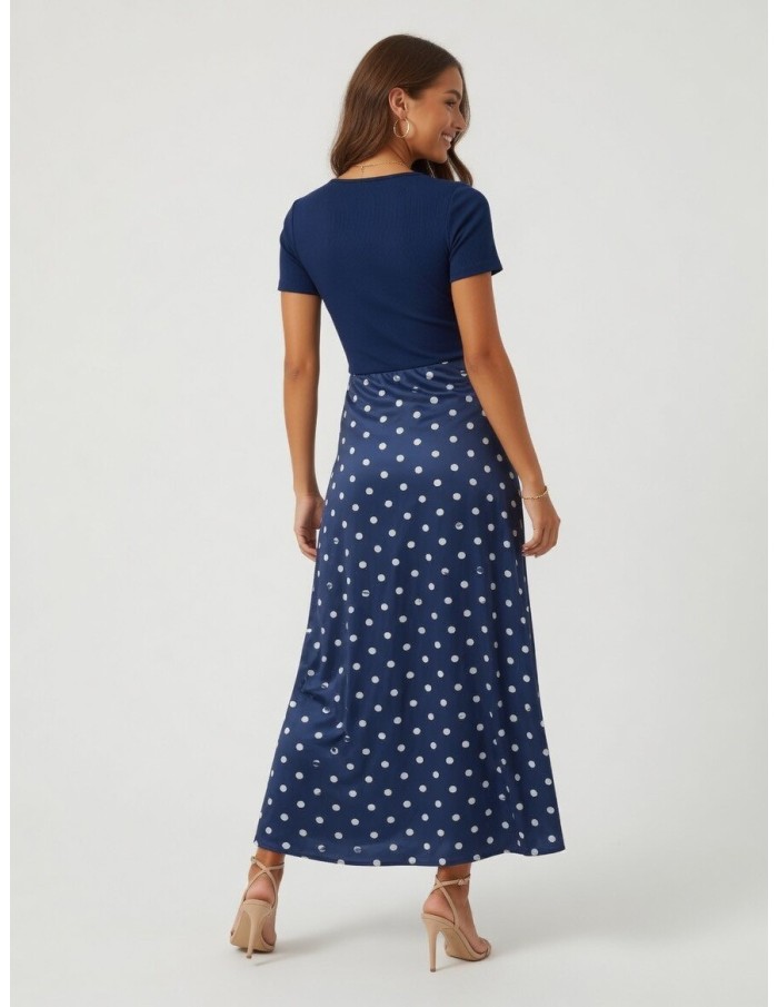 ROBE LONGUE BLEU À POIS MANCHE COURTE - FEMME