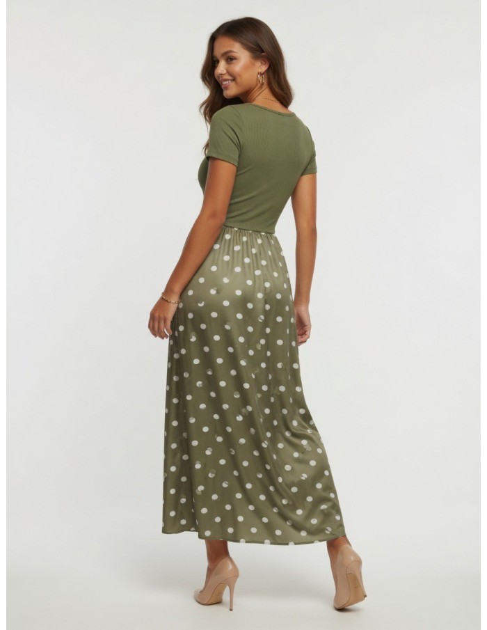 ROBE LONGUE KAKI À POIS MANCHE COURTE - FEMME