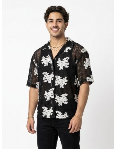 CHEMISE NOIR & BRODERIES FLORALES– HOMME
