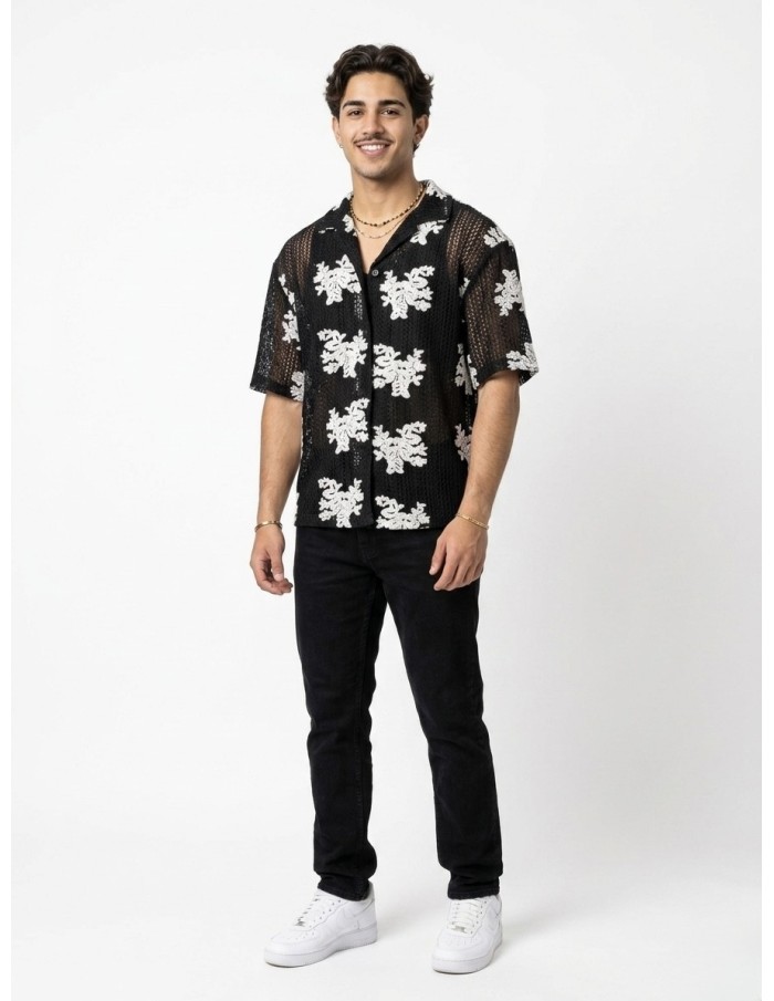 CHEMISE NOIR & BRODERIES FLORALES– HOMME