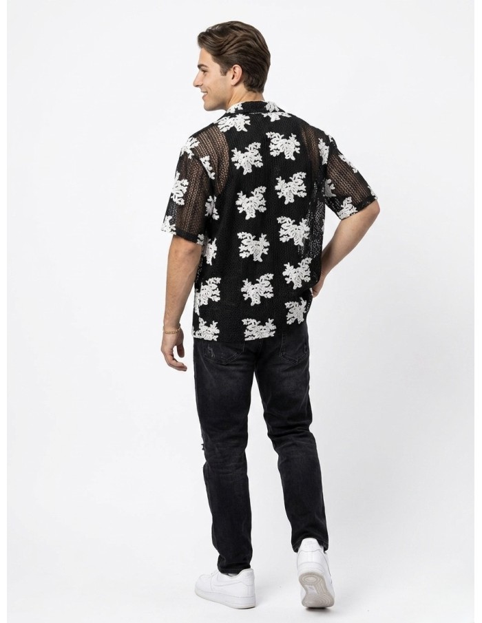 CHEMISE NOIR & BRODERIES FLORALES– HOMME