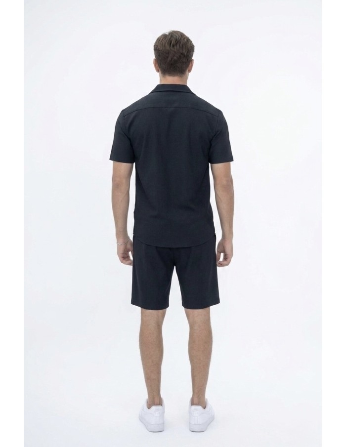Ensemble noir chemise et short homme uni plissé – Style décontracté et moderne