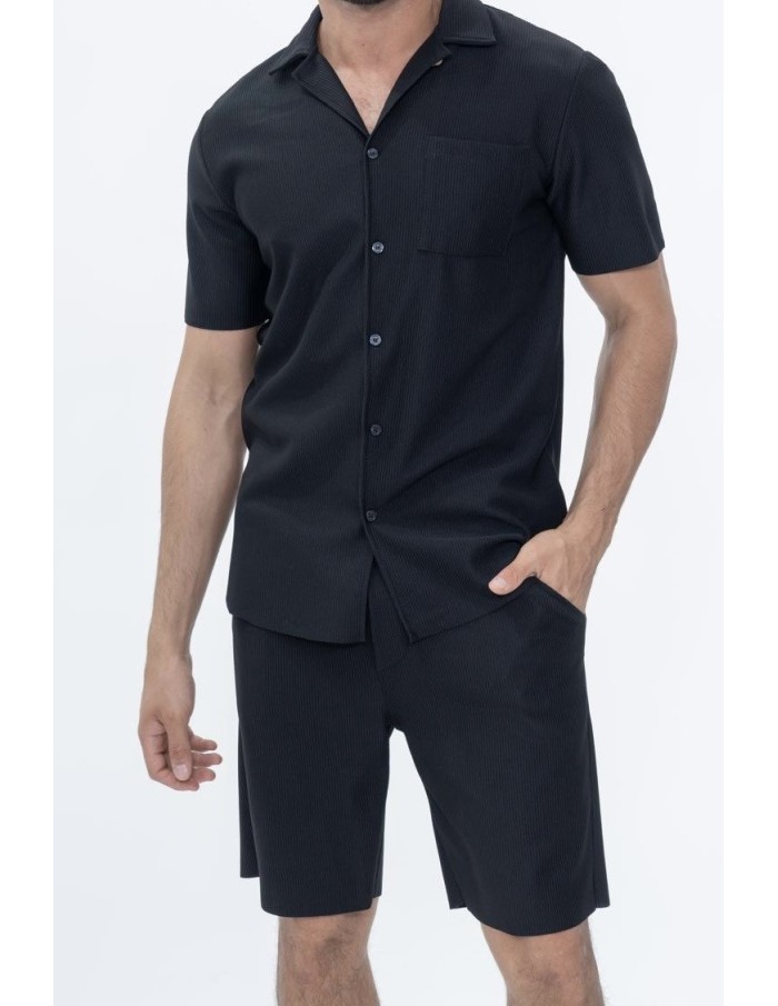 Ensemble noir chemise et short homme uni plissé – Style décontracté et moderne