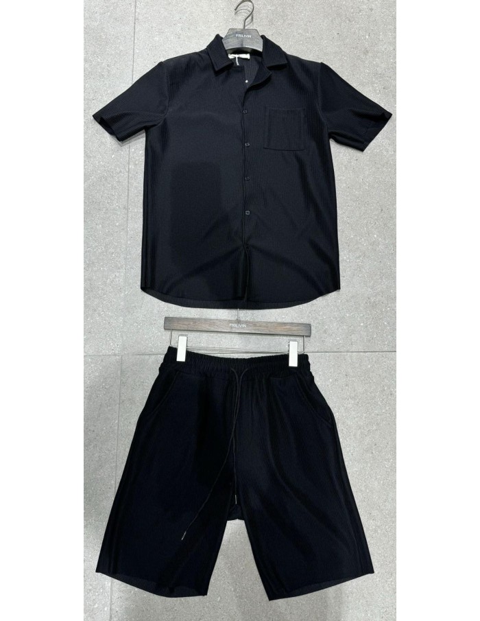 Ensemble noir chemise et short homme uni plissé – Style décontracté et moderne