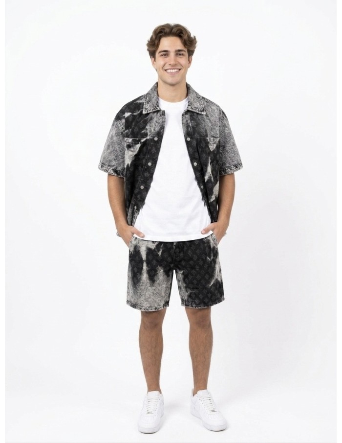 ENSEMBLE EN JEANS SHORT ET CHEMISE NOIR DÉLAVÉ - HOMME