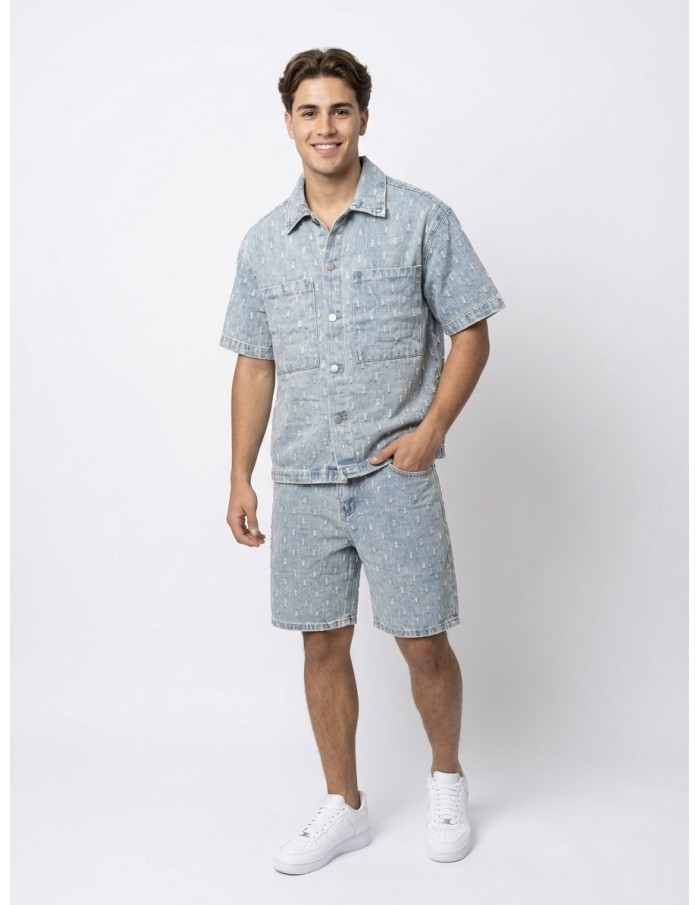ENSEMBLE EN JEANS SHORT ET CHEMISE BLEU CLAIR - HOMME