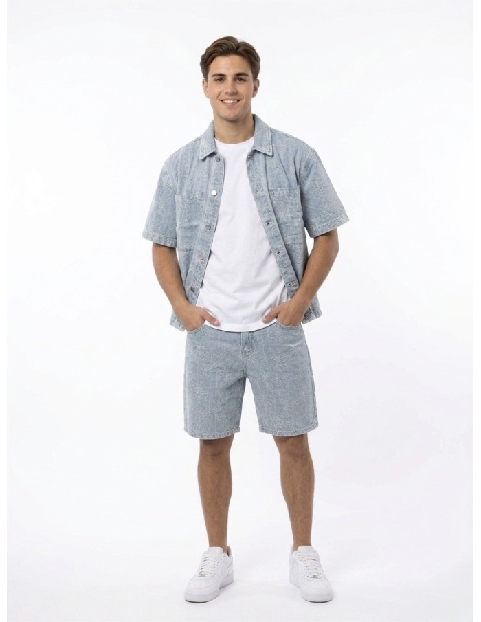 ENSEMBLE EN JEANS SHORT ET CHEMISE BLEU CLAIR BRODERIES FLORALES- HOMME