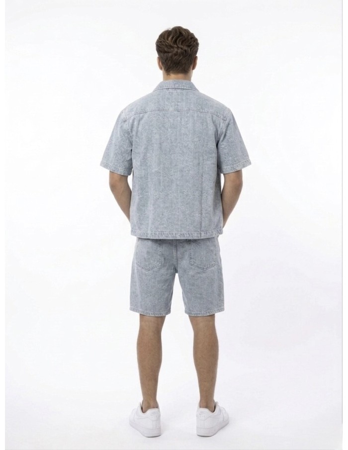 ENSEMBLE EN JEANS SHORT ET CHEMISE BLEU CLAIR BRODERIES FLORALES- HOMME