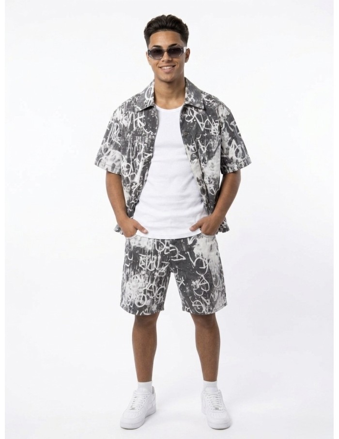 ENSEMBLE EN JEANS SHORT ET CHEMISE BLANC / GRIS  - HOMME
