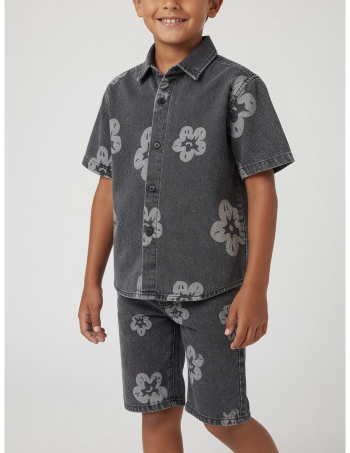 ENSEMBLE CHEMISE + BERMUDA JEAN IMPRIMÉ FLEURS GRIS - GARÇON