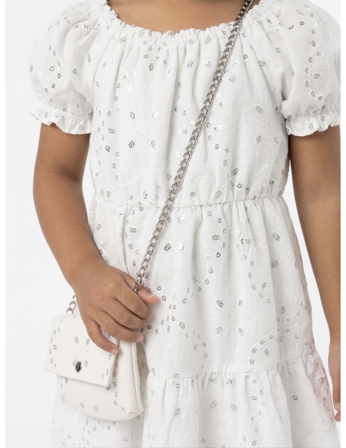 ROBE + SAC ASSORTI MOTIFS FLORAUX ARGENTÉ ET BLANCHE - FILLE
