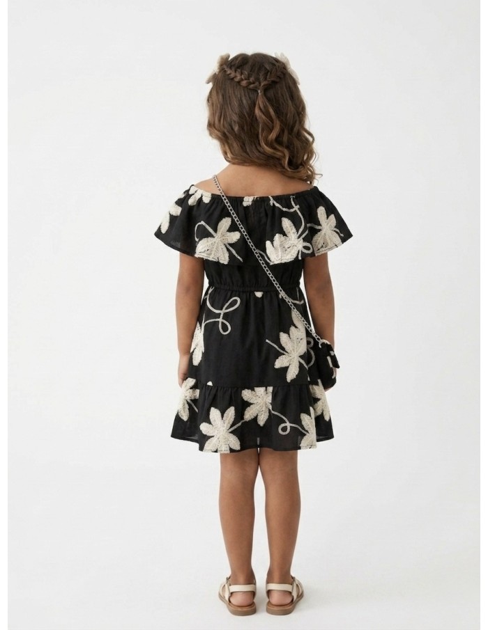 ROBE À VOLANTS BRODÉ + SAC ASSORTI NOIR - FILLE