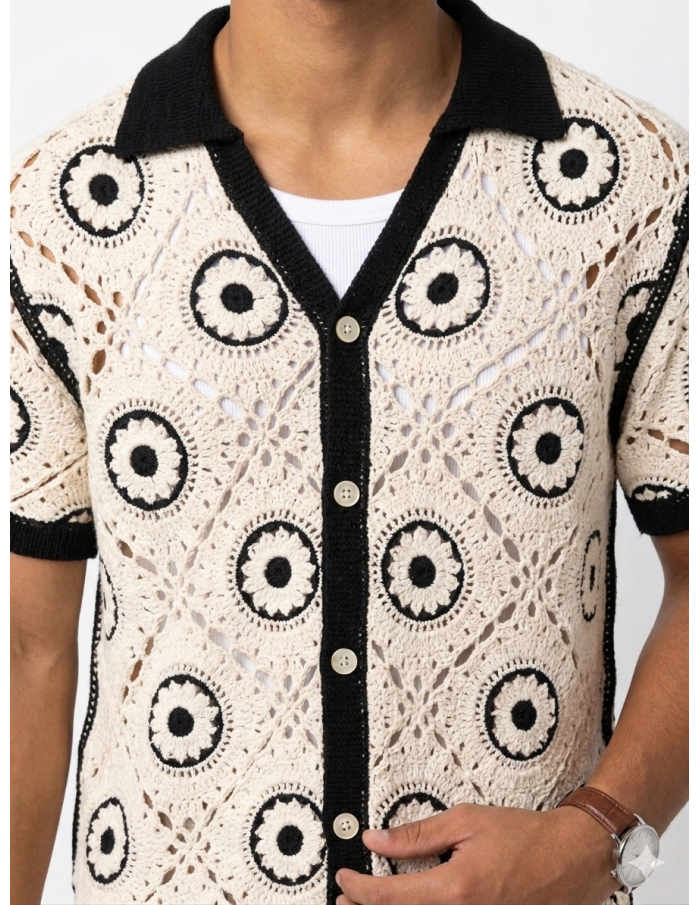 GILET CHEMISE ÉCRU & MOTIFS NOIRS – HOMME