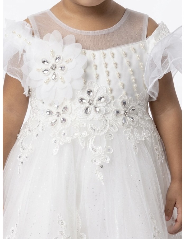 ROBE PERLÉ ET NOEUD SATIN DOS BLANCHE - BÉBÉ