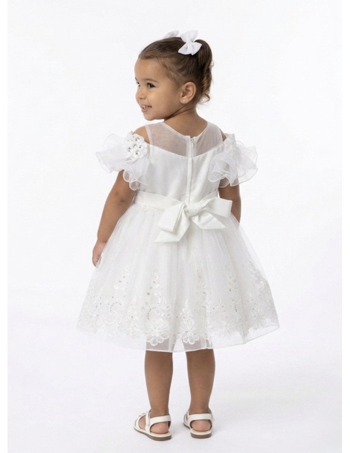 ROBE PERLÉ ET NOEUD SATIN DOS BLANCHE - BÉBÉ