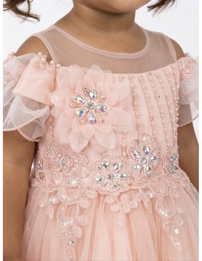 ROBE ROSE POUDRÉ PERLÉ ET NOEUD SATIN DOS - FILLE