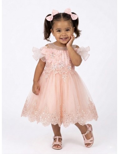 ROBE ROSE POUDRÉ PERLÉ ET NOEUD SATIN...