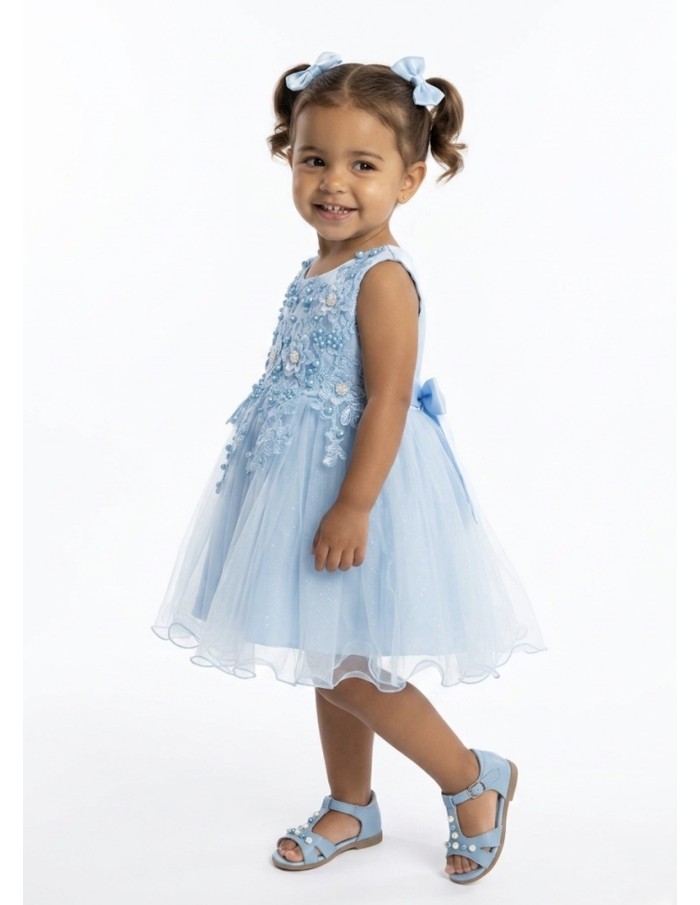 ROBE PERLÉ ET NOEUD SATIN DOS BLEU - FILLE