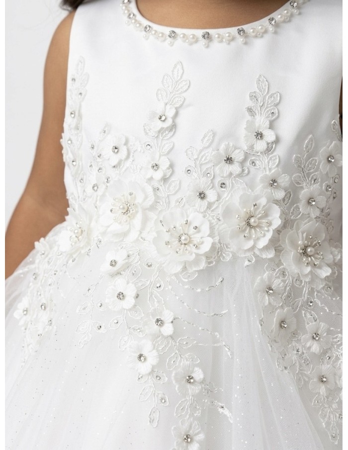ROBE FLEURS EN RELIEF & PERLES BLANCHE - BÉBÉ