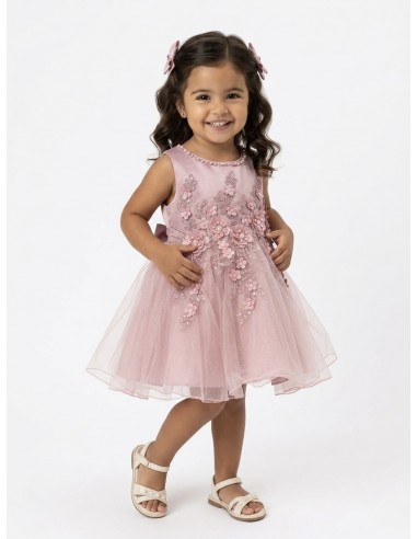 ROBE FLEURS EN RELIEF & PERLES ROSÉ -...