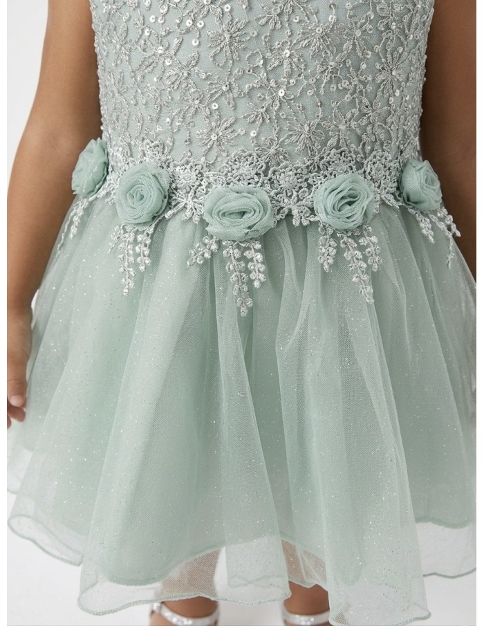 ROBE FLEURS BRODÉES & TULLE VERT D'EAU - BÉBÉ