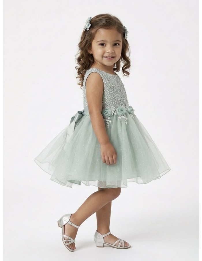 ROBE FLEURS BRODÉES & TULLE VERT D'EAU - BÉBÉ