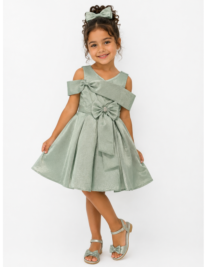 ROBE SCINTILLANTE ET NŒUD DÉCORATIF VERT D'EAU - FILLE