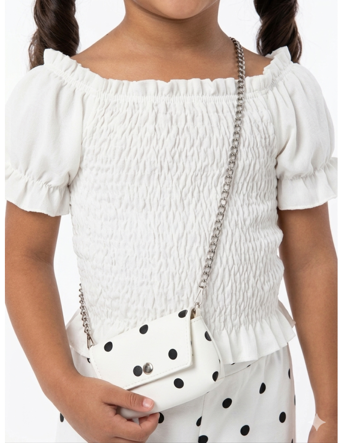 ENSEMBLE TOP + PANTALON + SAC ASSORTI À POIS BLANC – FILLE