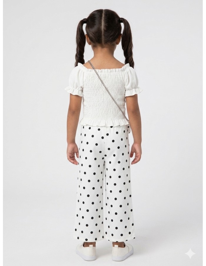 ENSEMBLE TOP + PANTALON + SAC ASSORTI À POIS BLANC – FILLE